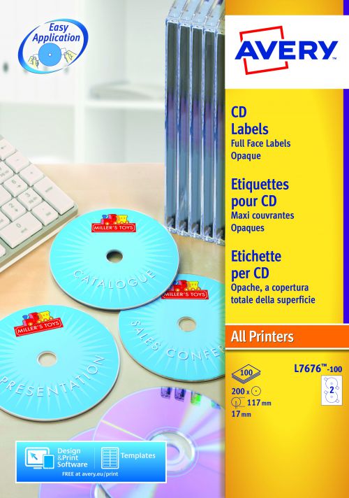 Avery CD/DVD Labels Laser 2 per Sheet Dia.117mm Full Face Opaque White Ref L7676-100 [200 Labels]