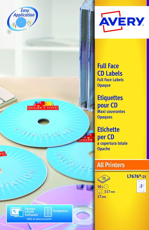 Avery Full Face CD/DVD Matt Label 117mm Diameter 2 Per A4 Sheet White (Pack 50 Labels) L7676-25