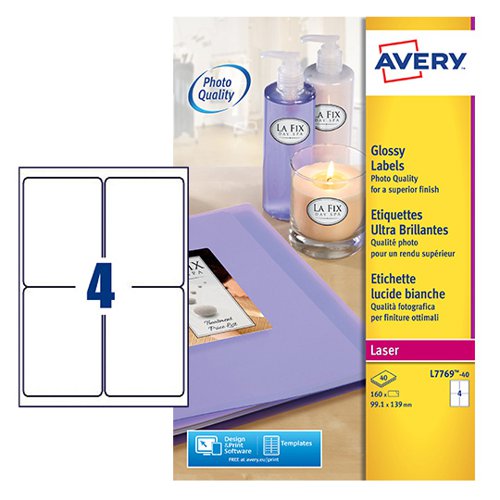 Avery+Laser+Glossy+Label+139x99mm+4+Per+A4+Sheet+White+%28Pack+160+Labels%29+L7769-40