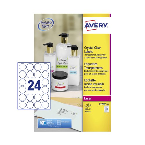 Avery+Laser+Label+40mm+Diameter+24+Per+A4+Sheet+Crystal+Clear+%28Pack+600+Labels%29+L7780-25
