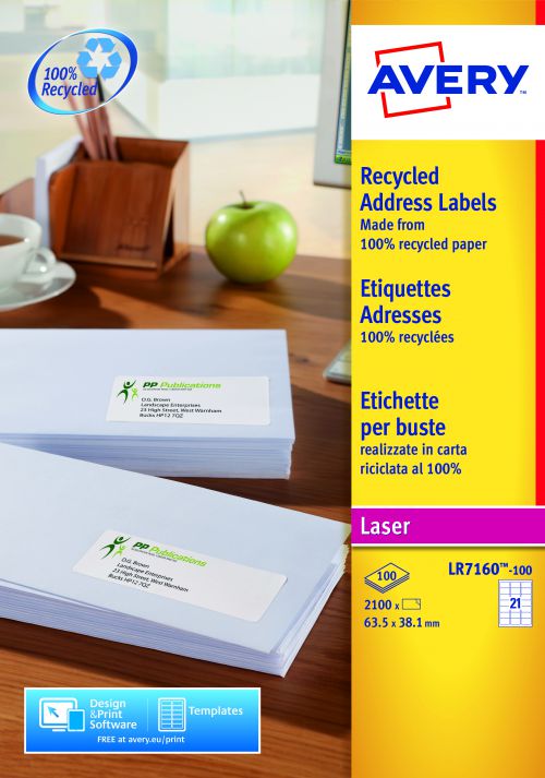 Avery+Addressing+Labels+Laser+Recycled+21+per+Sheet+63.5x38.1mm+White+Ref+LR7160-100+%5B2100+Labels%5D