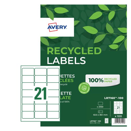 Avery+Laser+Recycled+Address+Label+63.5x38.1mm+21+Per+A4+Sheet+White+%28Pack+2100+Labels%29+LR7160-100