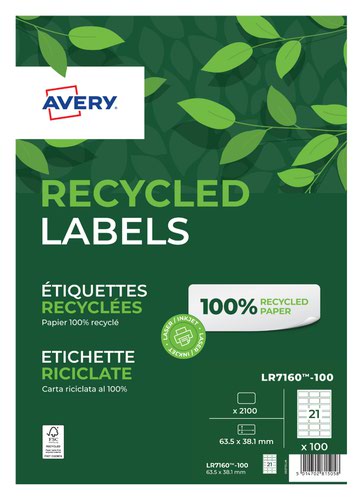 Address Avery Laser Recycled Address Label 63.5x38.1mm 21 Per A4 Sheet White (Pack 2100 Labels) LR7160-100