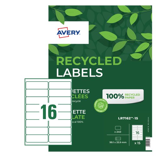 Avery+Laser+Recycled+Address+Label+99.1x33.9mm+16+Per+A4+Sheet+White+%28Pack+240+Labels%29+LR7162-15