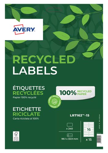 Avery Laser Recycled Address Label 99.1x33.9mm 16 Per A4 Sheet White (Pack 240 Labels) LR7162-15