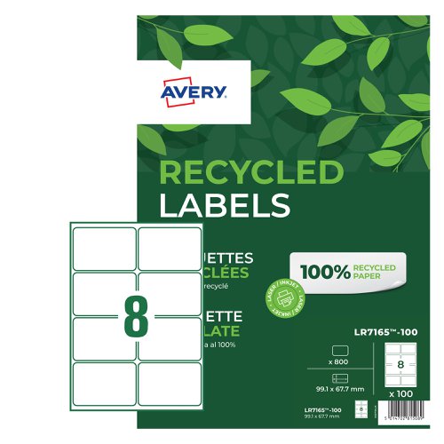 Avery+Laser+Recycled+Address+Label+99.1x67.7mm+8+Per+A4+Sheet+White+%28Pack+800+Labels%29+LR7165-100