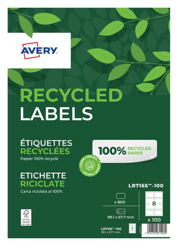Address Avery Laser Recycled Address Label 99.1x67.7mm 8 Per A4 Sheet White (Pack 800 Labels) LR7165-100
