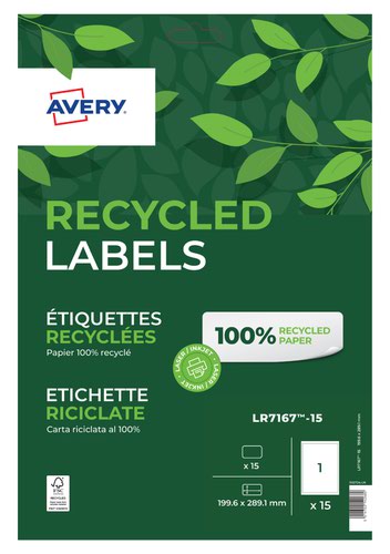 Avery Laser Recycled Address Label 199.6x289.1mm 1 Per A4 Sheet White (Pack 15 Labels) LR7167-15