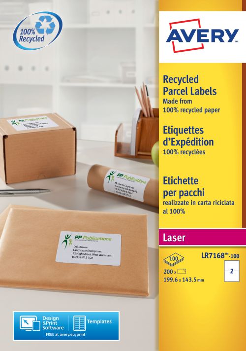 Avery Parcel Labels Laser Recycled 2 per Sheet 199.6x143.5mm White Ref LR7168-100 [200 Labels]