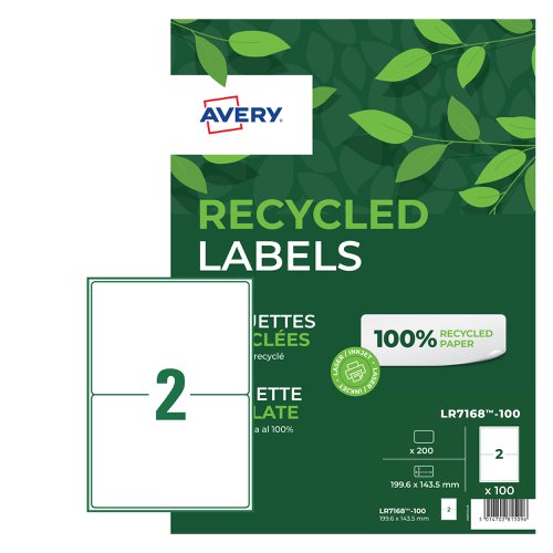 Avery+Laser+Recycled+Address+Label+199.6x143.5mm+2+Per+A4+Sheet+White+%28Pack+200+Labels%29+LR7168-100