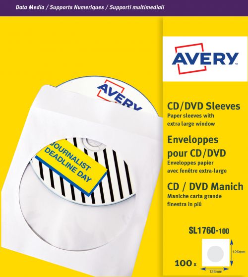Avery CD/DVD Paper Sleeves with clear window 126x126mm White Ref SL1760-100 [Pack 100]