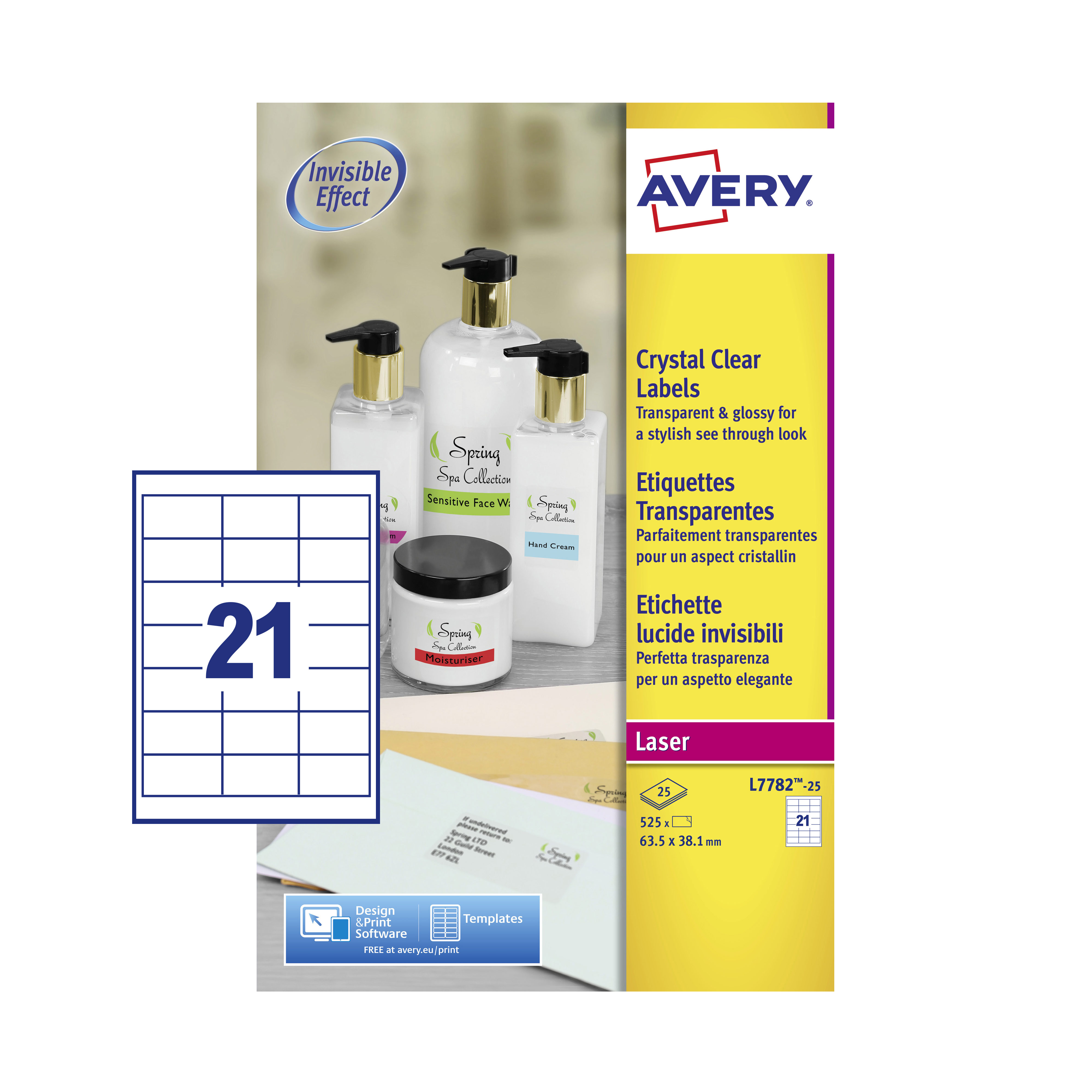 Avery Laser Label 63.5x38.1mm 21 Per A4 Sheet Crystal Clear (Pack 525 Labels) L7782-25
