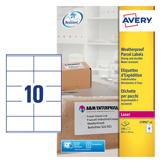Avery Laser Weatherproof Parcel Label 99x57mm 10 Per A4 Sheet White(Pack 250 Labels)L7992-25