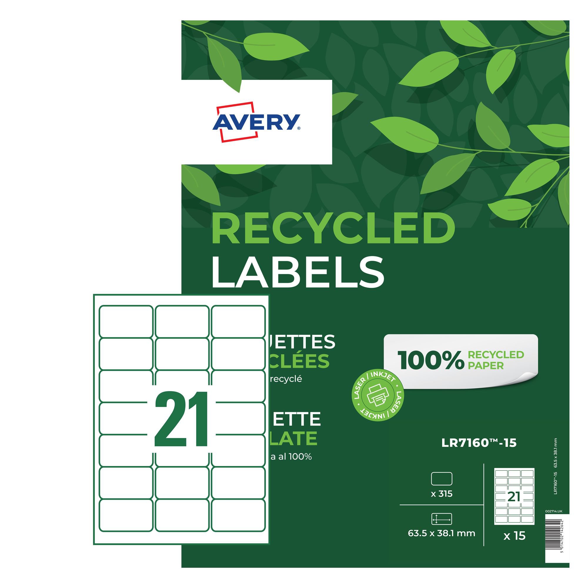Avery Laser Recycled Address Label 63.5x38.1mm 21 Per A4 Sheet White (Pack 315 Labels) LR7160-15