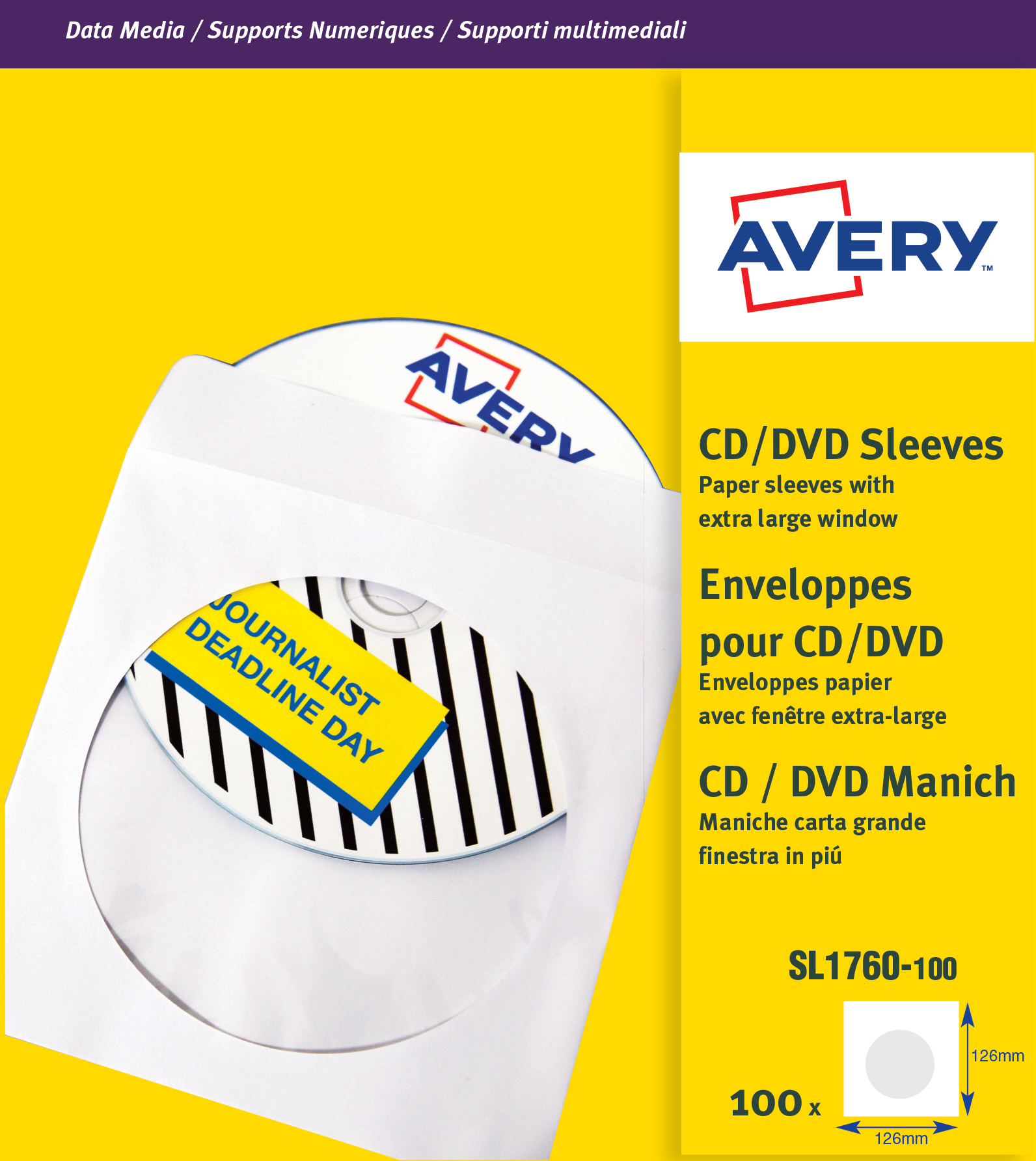 Avery CD/DVD Sleeves Window 126x126mm SL1760-100 (100Labels)