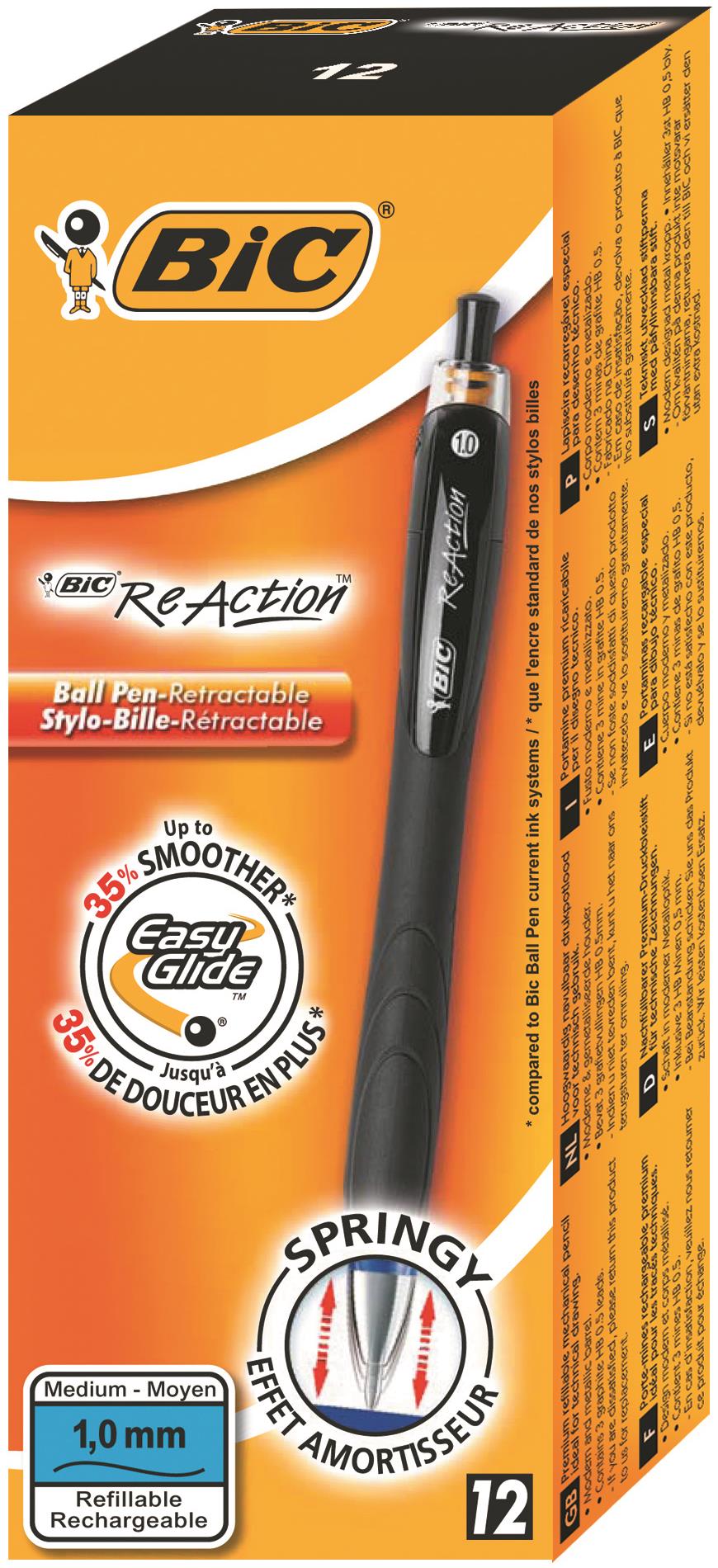 Bic ReAction Retractable Ballpoint Pen 1mm Tip 0.32mm Line Black (Pack 12)