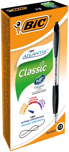 Bic+Atlantis+Retractable+Ballpoint+Pen+1mm+Tip+0.32mm+Line+Black+%28Pack+12%29+-+8871321