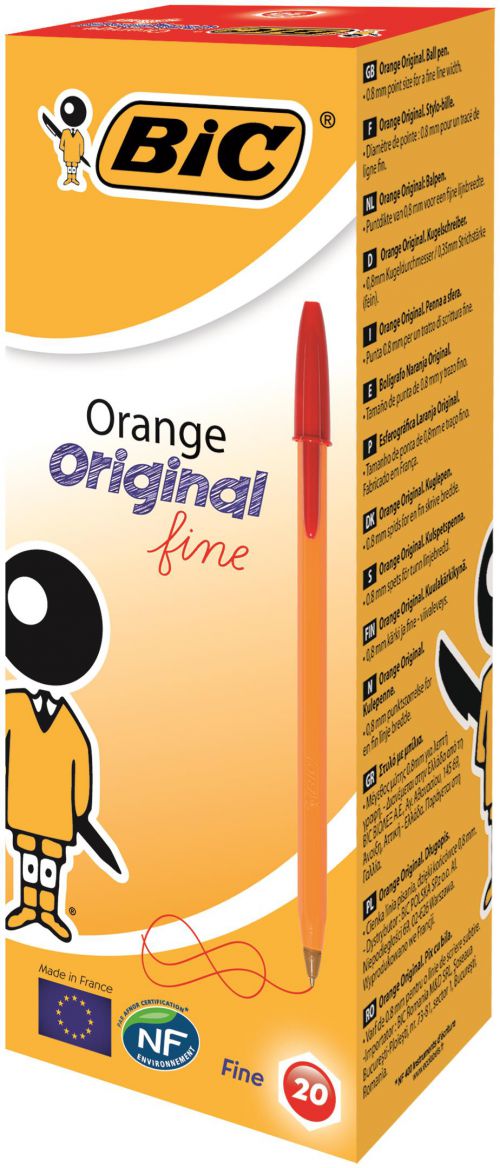 Bic Orange Ball Pen Fine 0.8mm Tip 0.3mm Line Red Ref 1199110112 [Pack 20]