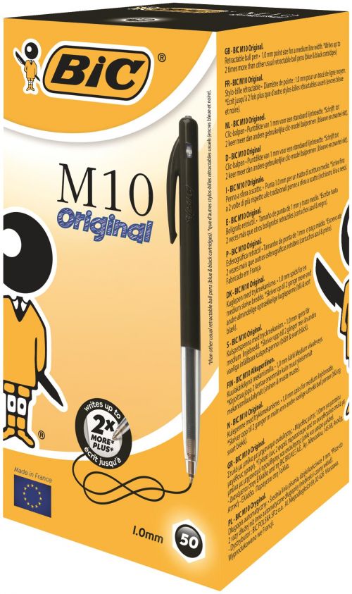 Bic+M10+Clic+Retractable+Ballpoint+Pen+1mm+Tip+0.32mm+Line+Black+%28Pack+50%29+-+1199190125