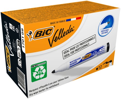 Bic+Ecolutions+Velleda+1701+Whiteboard+Marker+Bullet+Tip+1.5mm+Line+Black+%28Pack+12%29+-+904937