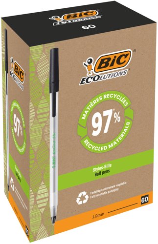 Bic+Ecolutions+Round+Stic+Ballpoint+Pen+97%25+Recycled+1mm+Tip+0.32mm+Line+Black+%28Pack+60%29+-+8932392
