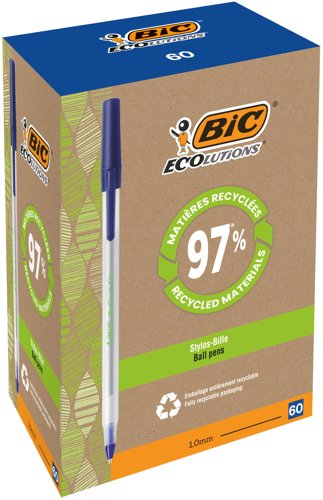 Bic+Ecolutions+Round+Stic+Ballpoint+Pen+97%25+Recycled+1mm+Tip+0.32mm+Line+Blue+%28Pack+60%29+-+8932402