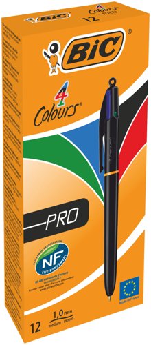 Bic+4+Colours+Pro+Ballpoint+Pen+1mm+Tip+0.32mm+Line+Black+Barrel+Black%2FBlue%2FGreen%2FRed+Ink+%28Pack+12%29+-+982869