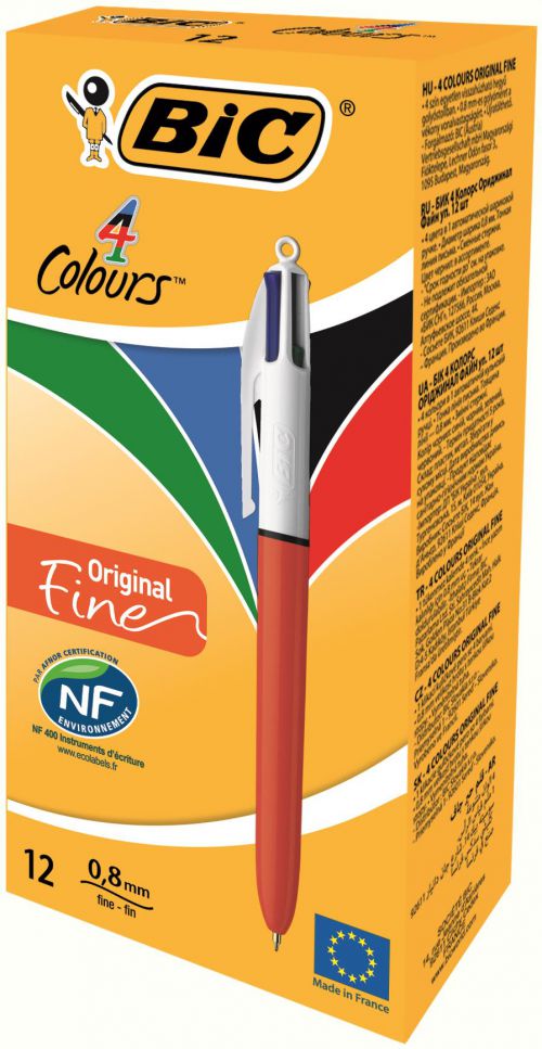 Bic+4+Colours+Fine+Ballpoint+Pen+0.8mm+Tip+0.30+Line+Red%2FWhite+Barrel+Black%2FBlue%2FGreen%2FRed+Ink+%28Pack+12%29+-+982867