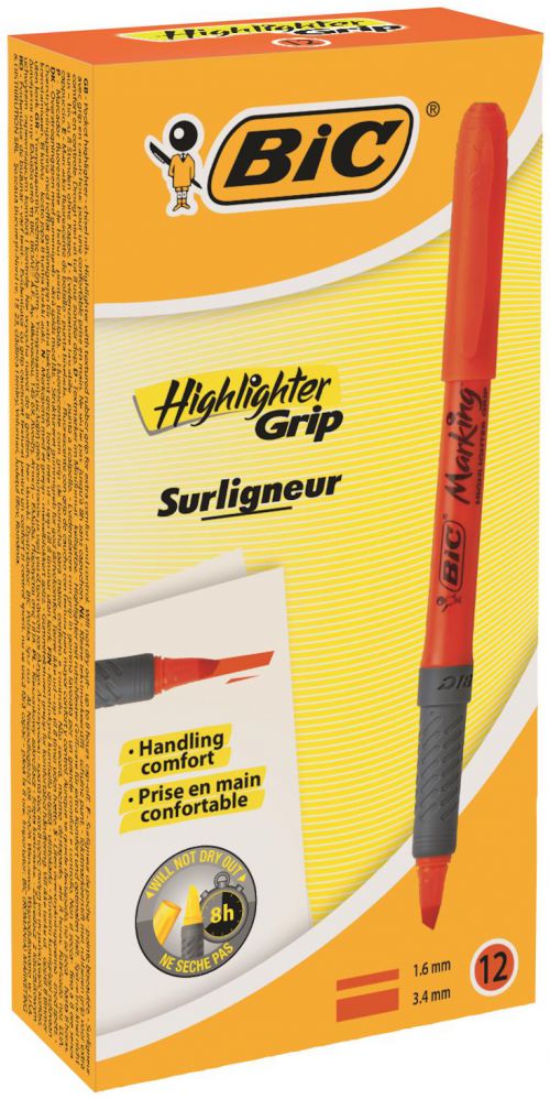 Highlighters Bic Grip Highlighter Pen Chisel Tip 1.6-3.3mm Line Orange (Pack 12)