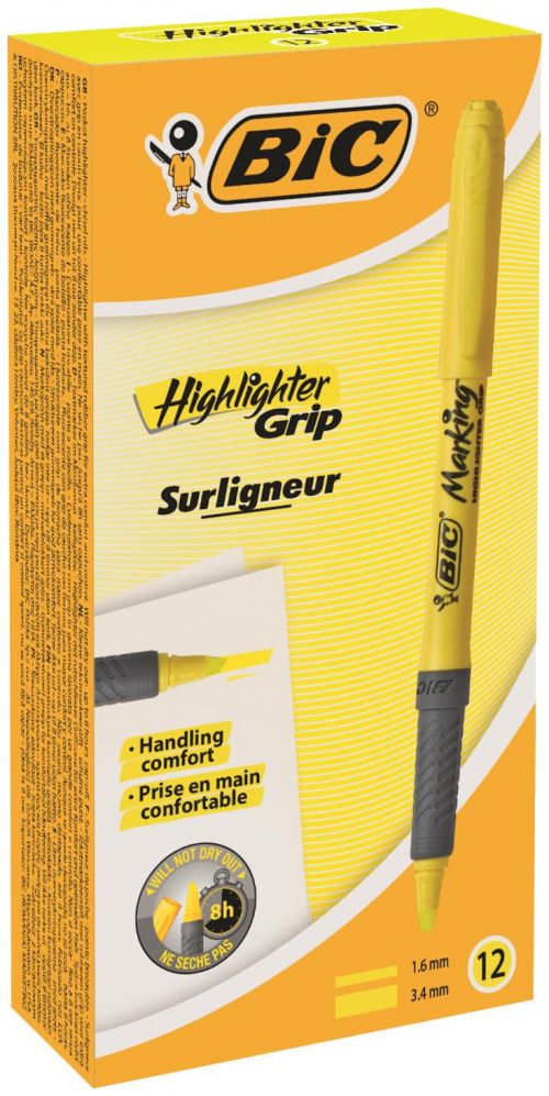 Highlighters Bic Grip Highlighter Pen Chisel Tip 1.6-3.3mm Line Yellow (Pack 12)