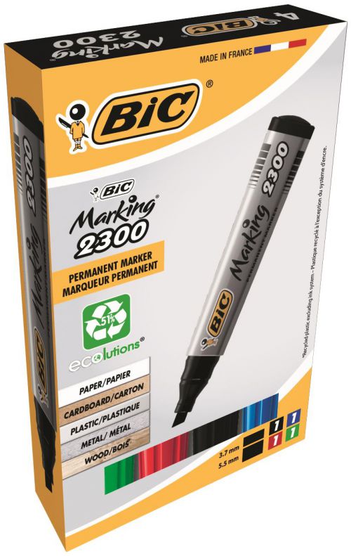 Bic+Marking+2300+Permanent+Marker+Chisel+Tip+3.7-5.5mm+Line+Assorted+Colours+%28Pack+4%29+-+8209222