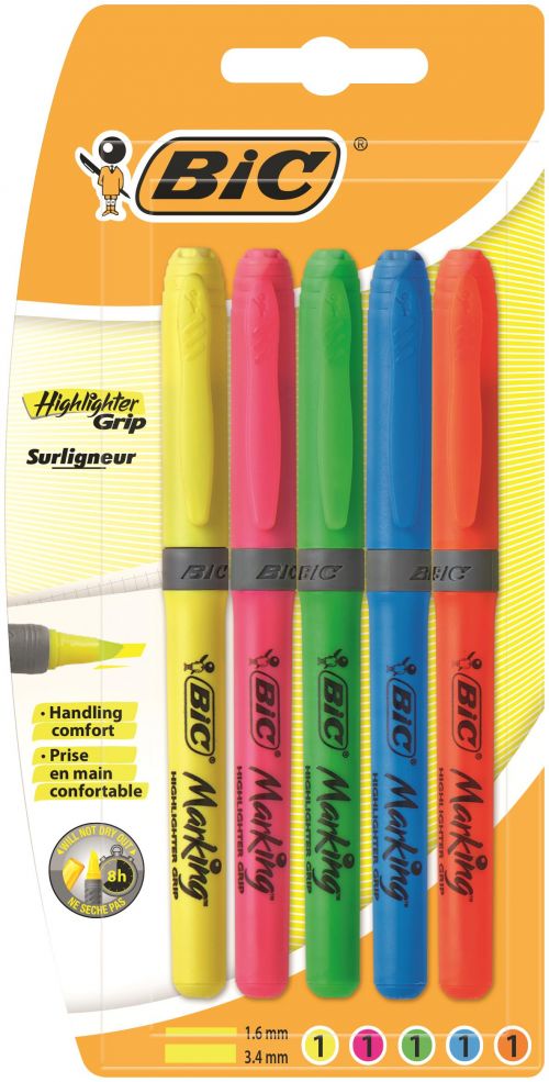Highlighters Bic Grip Highlighter Pen Chisel Tip 1.6-3.3mm Line Assorted Colours (Pack 5)