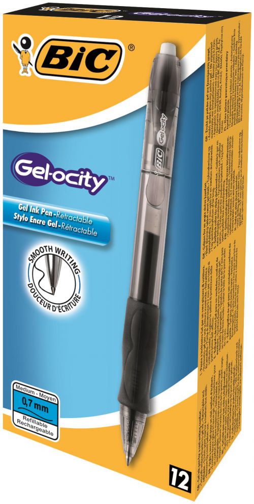 Bic Gel-ocity Grip Retractable Gel Rollerball Pen 0.7mm Tip 0.3mm Line  Black (Pack 12) - 829157 (68765BC)