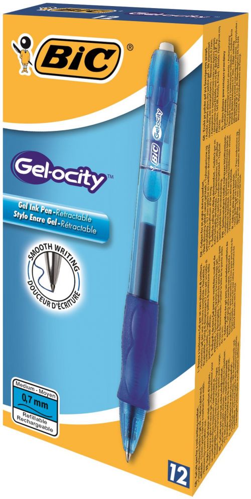 Rollerball Pens Bic Gel-ocity Grip Retractable Gel Rollerball Pen 0.7mm Tip 0.3mm Line Blue (Pack 12)