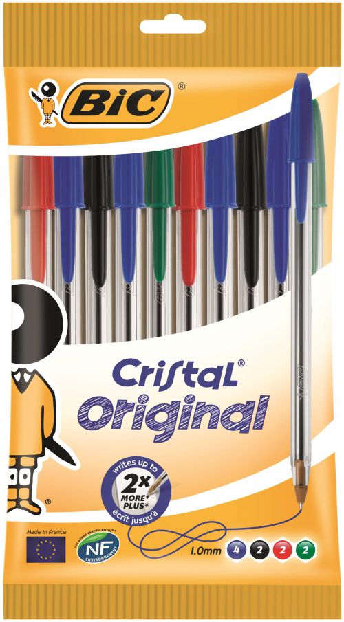 Bic Cristal Ballpoint Pen 1.0mm Tip 0.32mm Line Black/Blue/Green/Red (Pack 10) - 830865