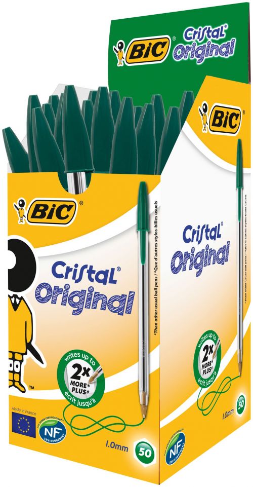Bic+Cristal+Ball+Pen+Clear+Barrel+1.0mm+Tip+0.32mm+Line+Green+Ref+8373629+%5BPack+50%5D