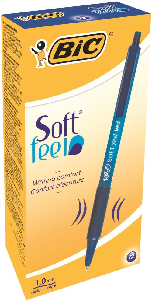 Bic SoftFeel Clic Pen Retractable Rubberised Barrel Med 1.0mm Tip 0.32mm Line Blue Ref 837398 [Pack 12]