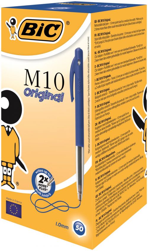 Bic M10 Clic Retractable Ballpoint Pen 1mm Tip 0.32mm Line Blue (Pack 50) -  1199190121 (68730BC)