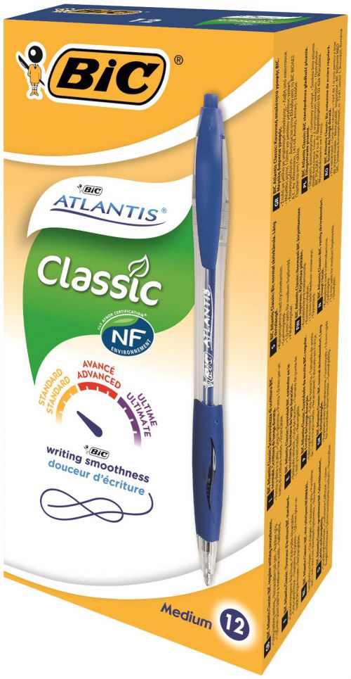 Bic+Atlantis+Retractable+Ballpoint+Pen+1mm+Tip+0.32mm+Line+Blue+%28Pack+12%29+-+8871311