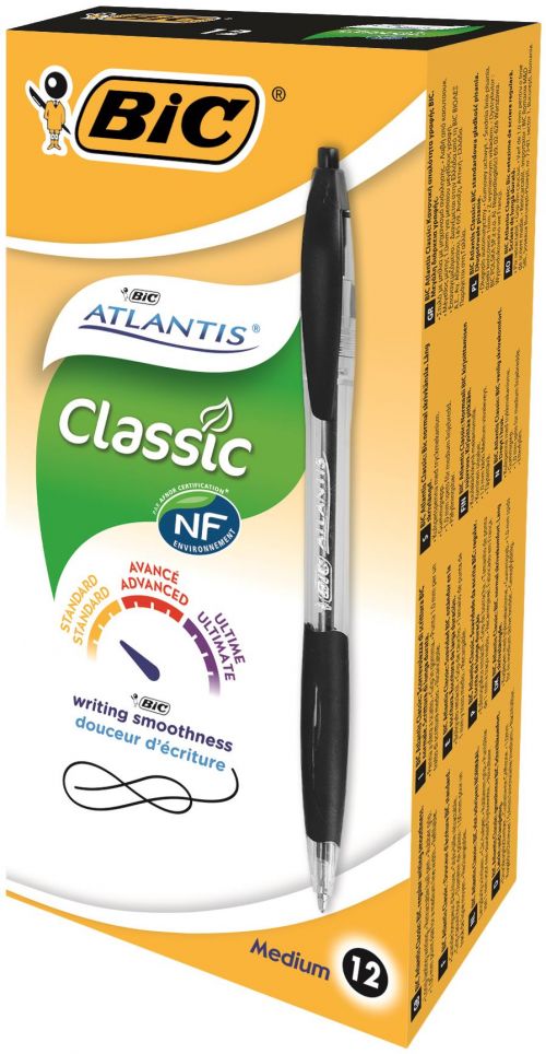 Bic+Atlantis+Retractable+Ballpoint+Pen+1mm+Tip+0.32mm+Line+Black+%28Pack+12%29+-+8871321