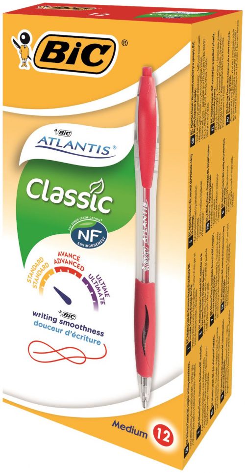 Bic+Atlantis+Ball+Pen+Retractable+Cushioned+Grip+Medium+1.0mm+Tip+0.32mm+Line+Red+Ref+887133+%5BPack+12%5D