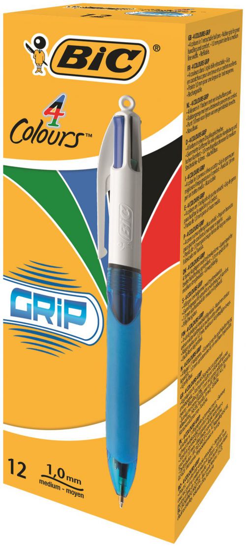 Bic 4 Colours Comfort Grip Ballpoint Pen 1mm Tip 0.32mm Line Blue/White Barrel Black/Blue/Green/Red Ink (Pack 12)