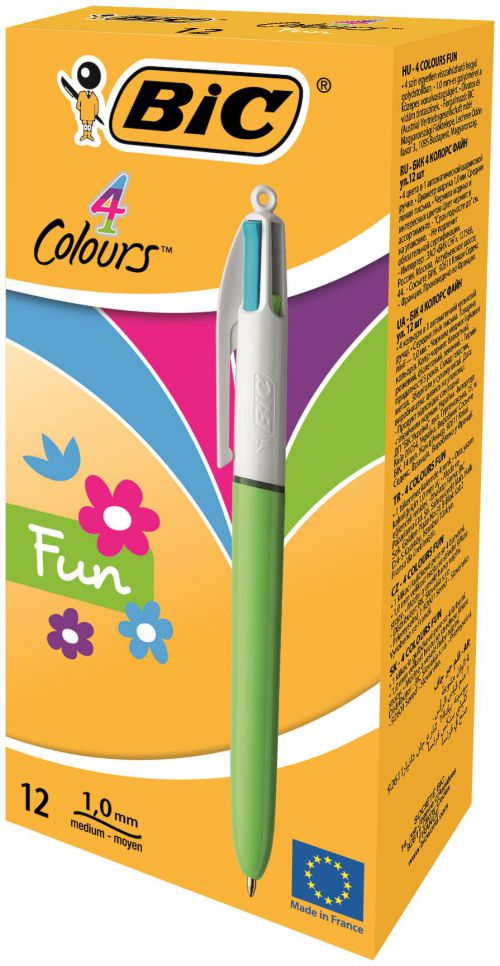 Ball Point Pens Bic 4 Colours Fashion Ballpoint Pen 1mm Tip 0.32mm Line Light Blue Barrel Lime Green/Pink/Purple/Turquoise Ink (Pack 12) 887777