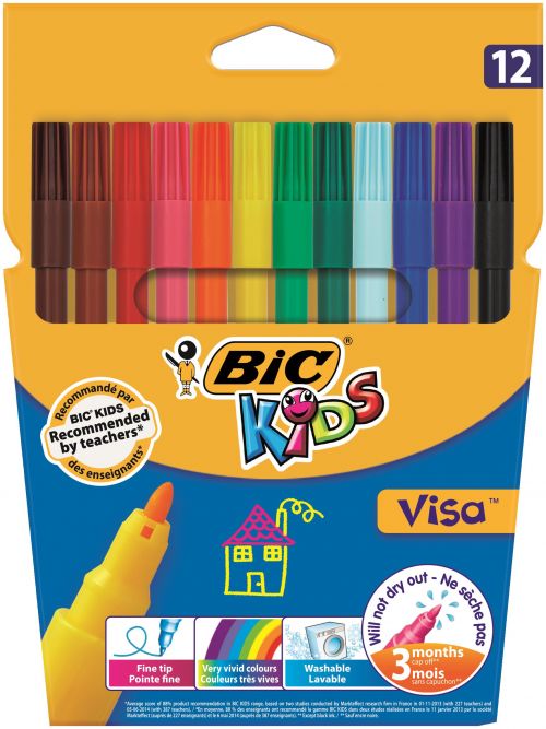 Bic+Kids+Visa+Felt+Tip+Colouring+Pens+Washable+Ink+Fine+Tip+Wallet+Asstd+Cols+Ref+888695+%5BPack+12%5D