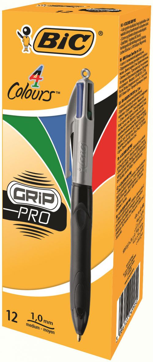 Bic 4 Colours Grip Pro Ballpoint Pen 1mm Tip 0.32mm Line Black/Silver Barrel Black/Blue/Green/Red Ink (Pack 12)