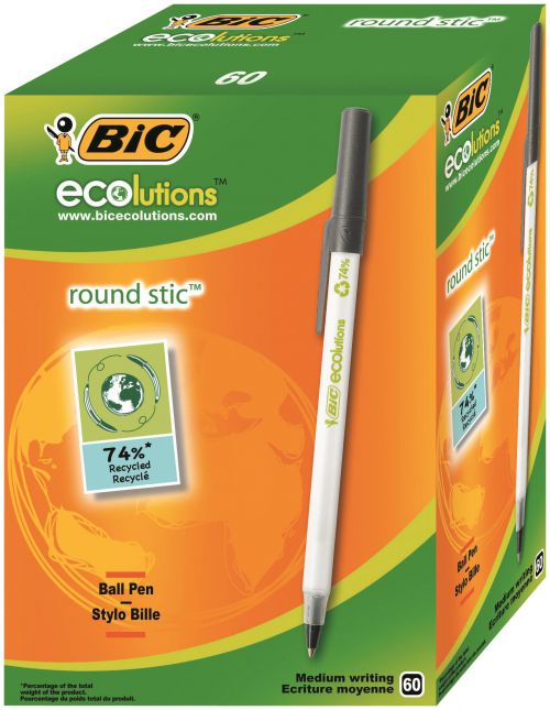 Bic+Ecolutions+Round+Stic+Ballpoint+Pen+Recycled+1mm+Tip+0.32mm+Line+Black+%28Pack+60%29+-+8932392
