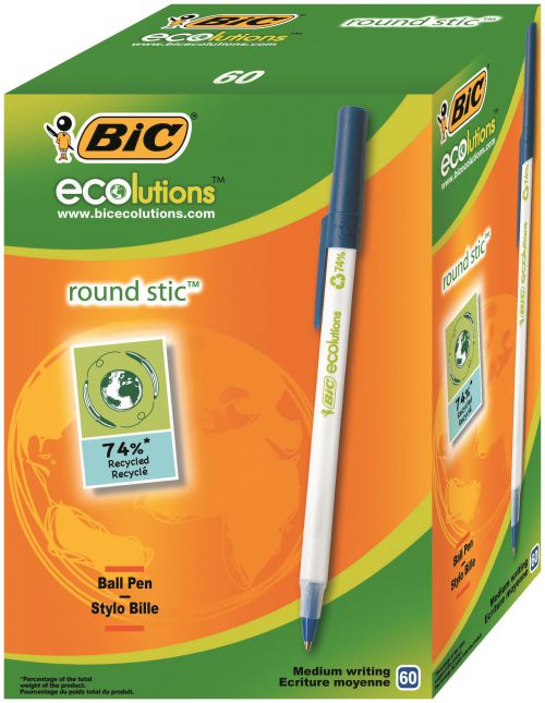 Bic Ecolutions Stic Ball Pen Recycled Slim 1.0mm Tip 0.32mm Line Blue Ref 893240 [Pack 60]