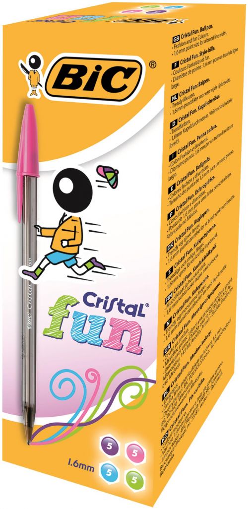 Bic+Cristal+Fun+Ballpoint+Pen+1.6mm+Tip+0.42mm+Line+Lime+Green%2FPink%2FPurple%2FTurquoise+%28Pack+20%29+-+895793