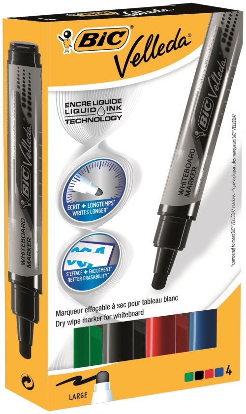 Drywipe Markers Bic Velleda Pocket Liquid Ink Whiteboard Marker Bullet Tip 2.3mm Line Assorted Colours (Pack 4)