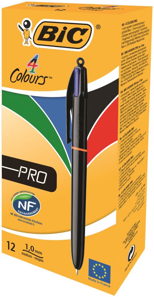 Bic+4+Colours+Pro+Ballpoint+Pen+1mm+Tip+0.32mm+Line+Black+Barrel+Black%2FBlue%2FGreen%2FRed+Ink+%28Pack+12%29+-+982869